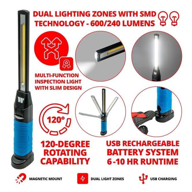 Hovedbilde Oppladbar arbeidslampe slim modell blå med flere funksjoner 798-WW