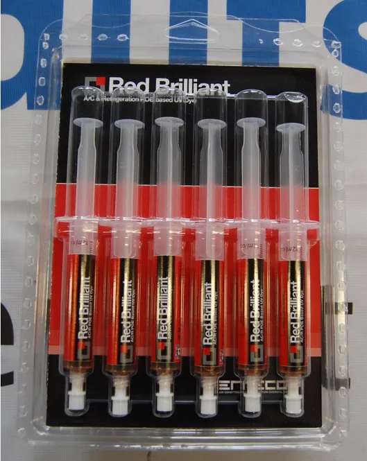 Hovedbilde Red Brilliant 6 sprøyter 7,5 ml UV. Sporstoff for el kompressor som krever POE olje. 